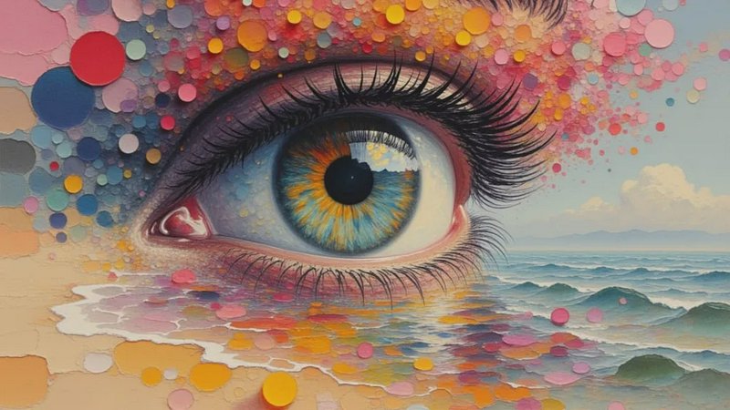Surreal mural of a large blue eye with colorful dot patterns and an ocean horizon backdrop.