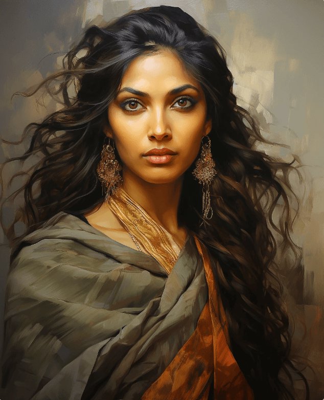 Portrait of a woman with long dark hair in a gray and orange draped sari and ornate earrings.