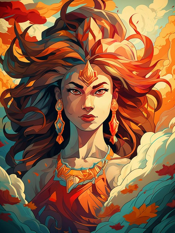 Bold fantasy portrait of a regal woman with fiery flowing hair, ornate jewelry, and a jewel on he...