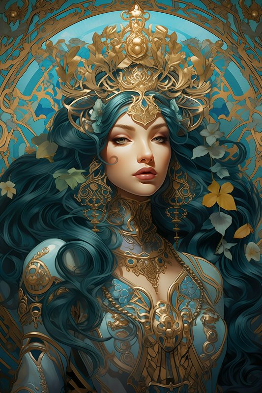 Female fantasy queen with teal hair, gold ornate crown and armor, surrounded by floral motifs.