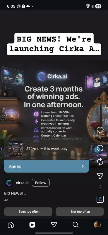 Ad screenshot for Cirka.ai promoting 3 months of winning ads in minutes.