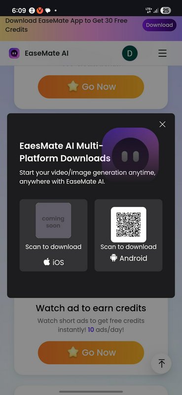 Screenshot of EaseMate AI app showing a dark modal for multi-platform downloads with iOS/Android ...