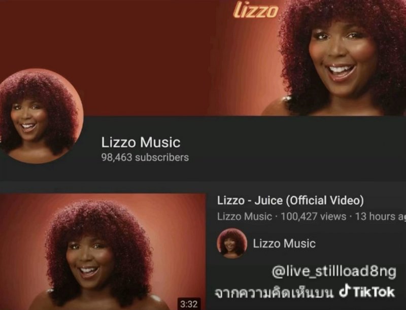 Lizzo with curly red hair, smiling, in a circular profile image against a warm red gradient.