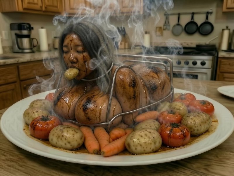 Surreal kitchen scene with a person inside a metal roasting rack atop a plate of vegetables.