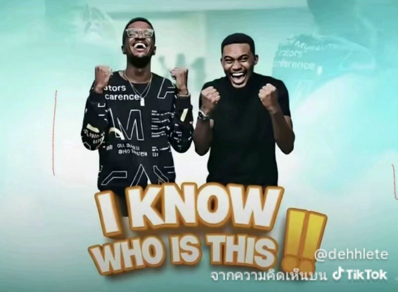 Two men laughing with fists raised and a bold "I KNOW WHO IS THIS" title in orange letters.