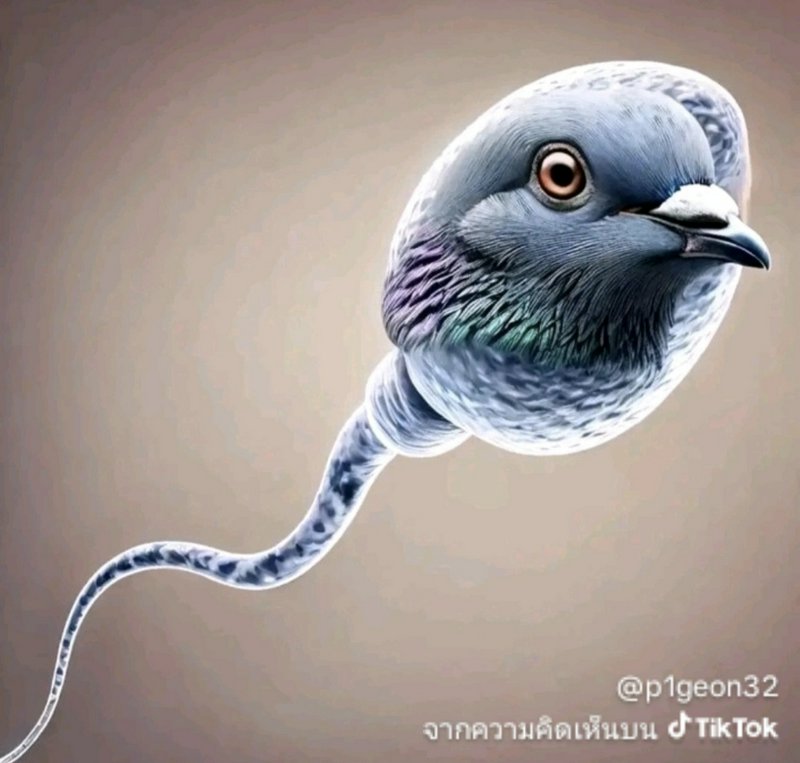 Surreal blue pigeon with an elongated, curling tail in a soft beige background.