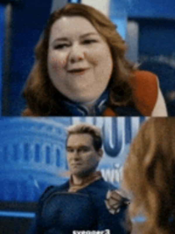 Collage of a cheerful woman at the top and a man in a blue superhero suit at the bottom against a...
