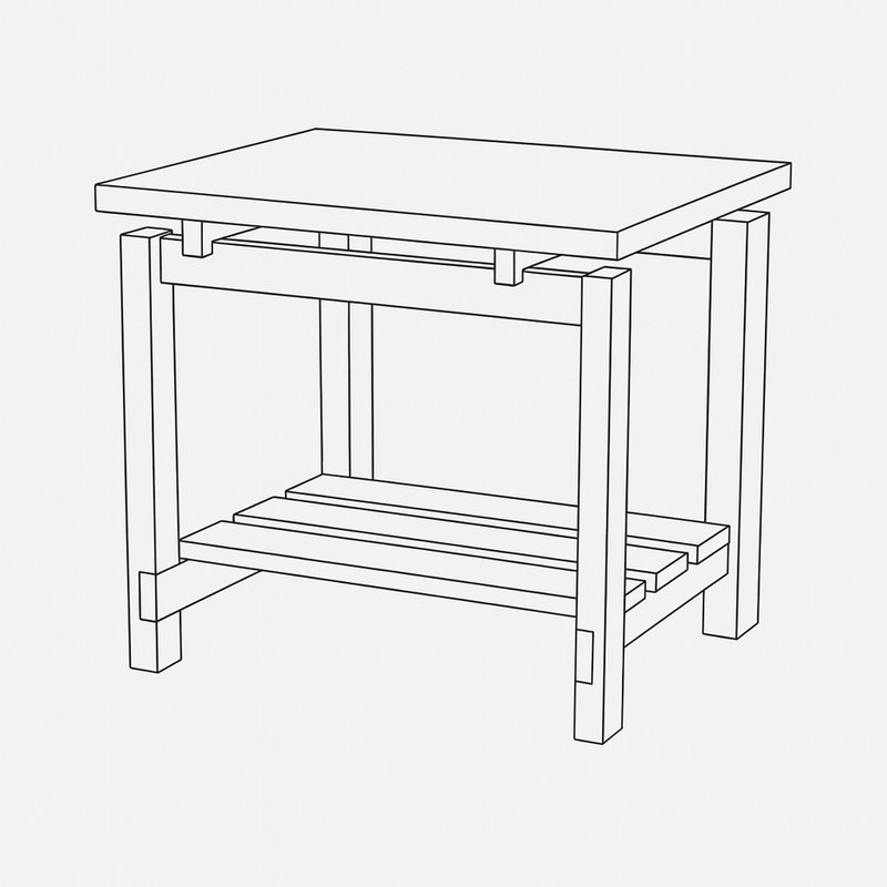 Line drawing of a simple wooden table with a lower slatted shelf.