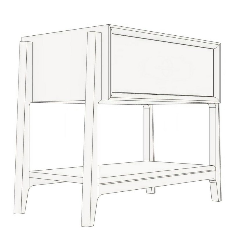 Line drawing of a wooden chair with a small rectangular drawer unit on top.