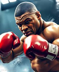 Close-up of a muscular boxer in red gloves, poised to strike.