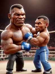 Two oversized cartoonish boxers, one black and the other lighter-skinned, grapple inside a ring.