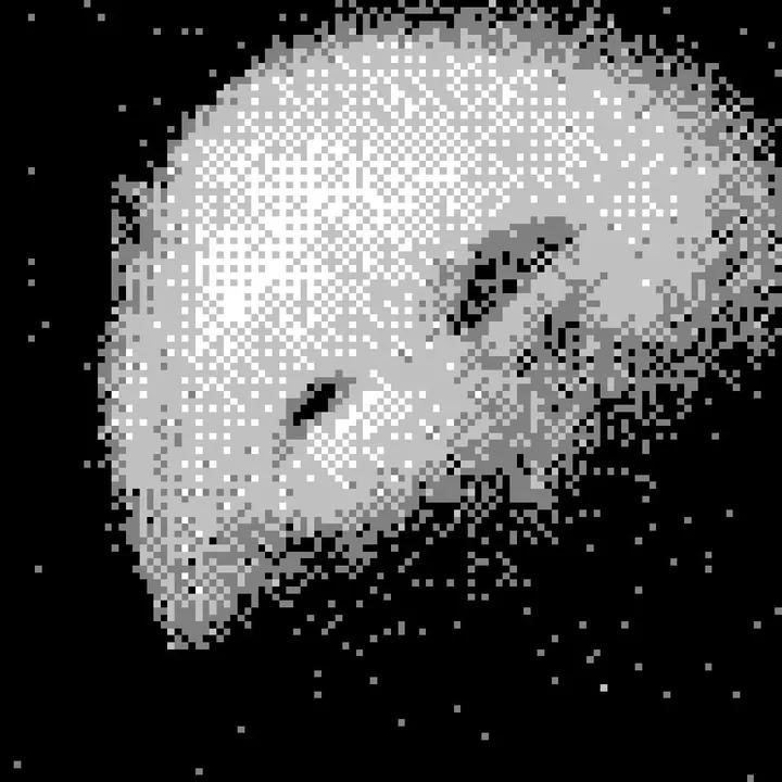 Pixelated grayscale oval object with dark eye-like spots set against a black, starry background.