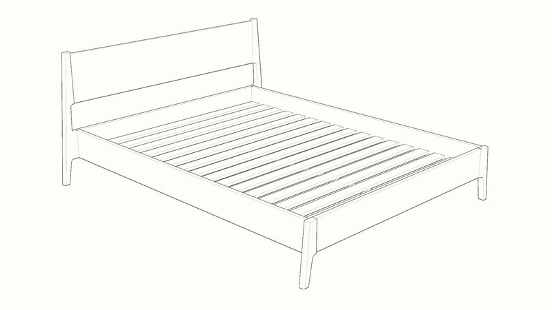 Line drawing of a wooden bed frame with slatted base and headboard, shown in perspective.