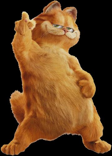 Smug orange cartoon cat striking a bold pose with raised paw against a black background