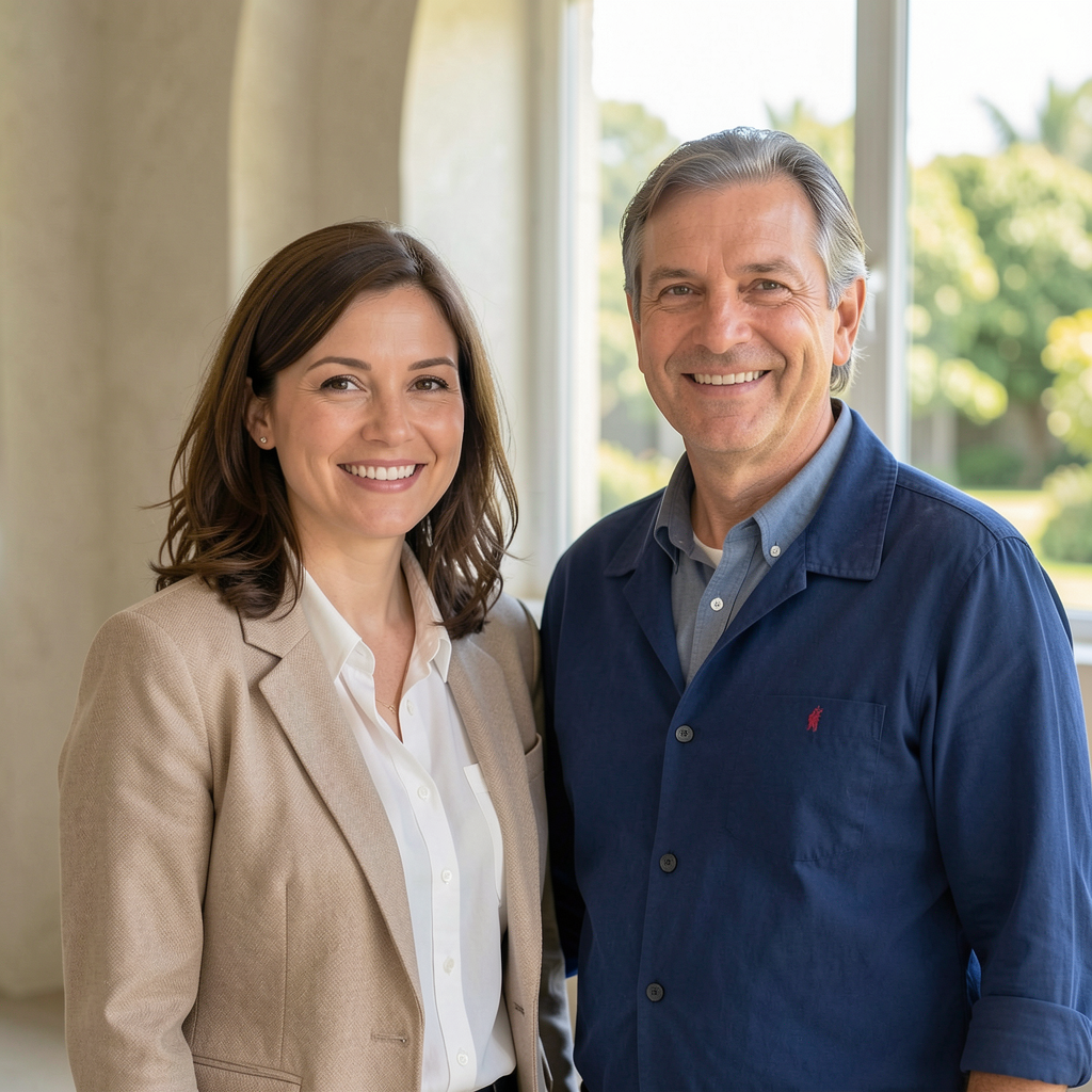 Smiling professional middle-aged couple posing side-by-side for a portrait near a sunlit window