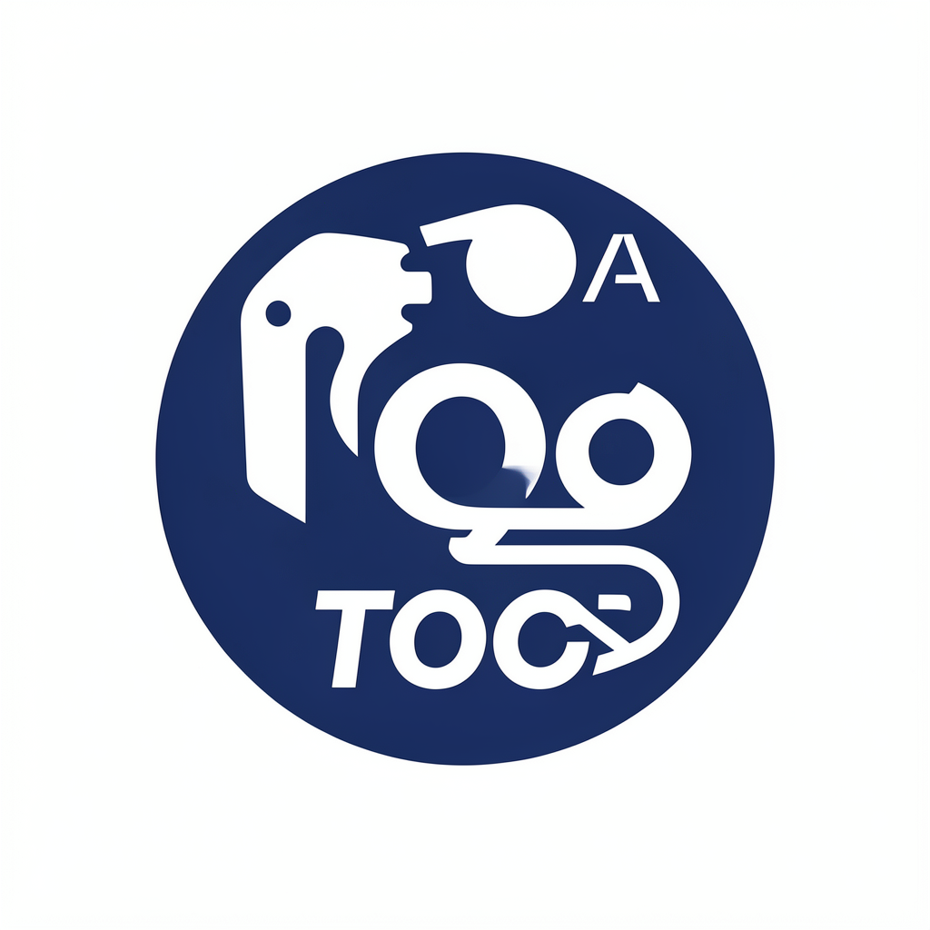 Navy blue circular logo with abstract white stylized graphic and letter elements on a plain white background