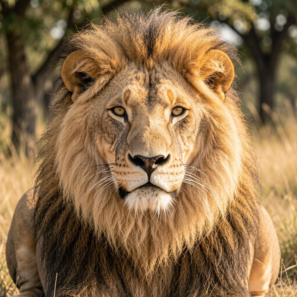 Close-up portrait of a maned male lion resting in sunlit African savanna grass