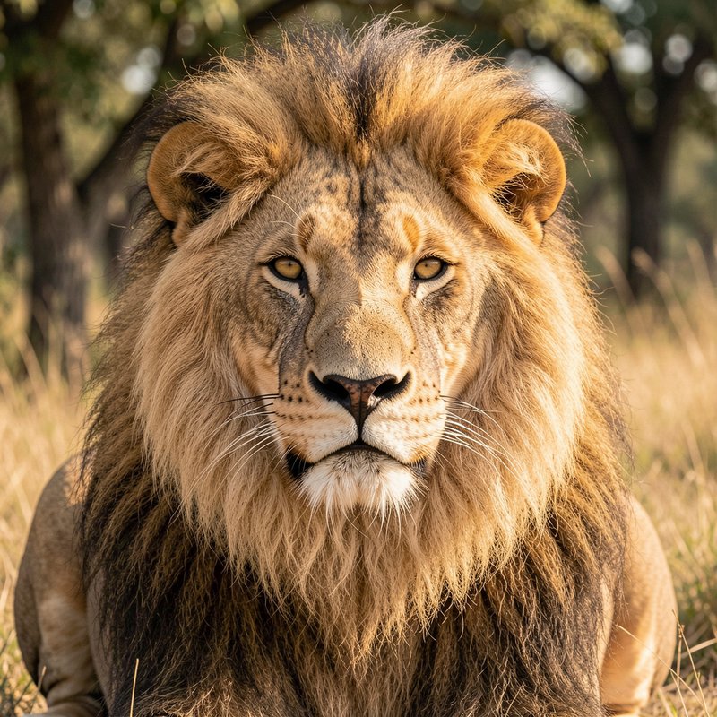 Close-up portrait of a maned male lion resting in sunlit African savanna grass
