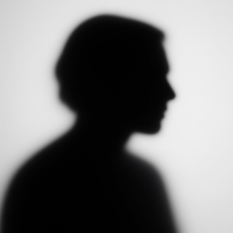 Soft blurred dark human profile silhouette shadow cast on a plain light wall