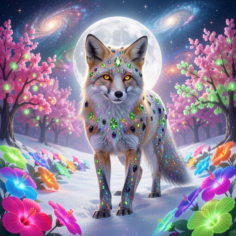 Mythical gem-encrusted fox standing in an enchanted snowy landscape under a glowing full moon and...