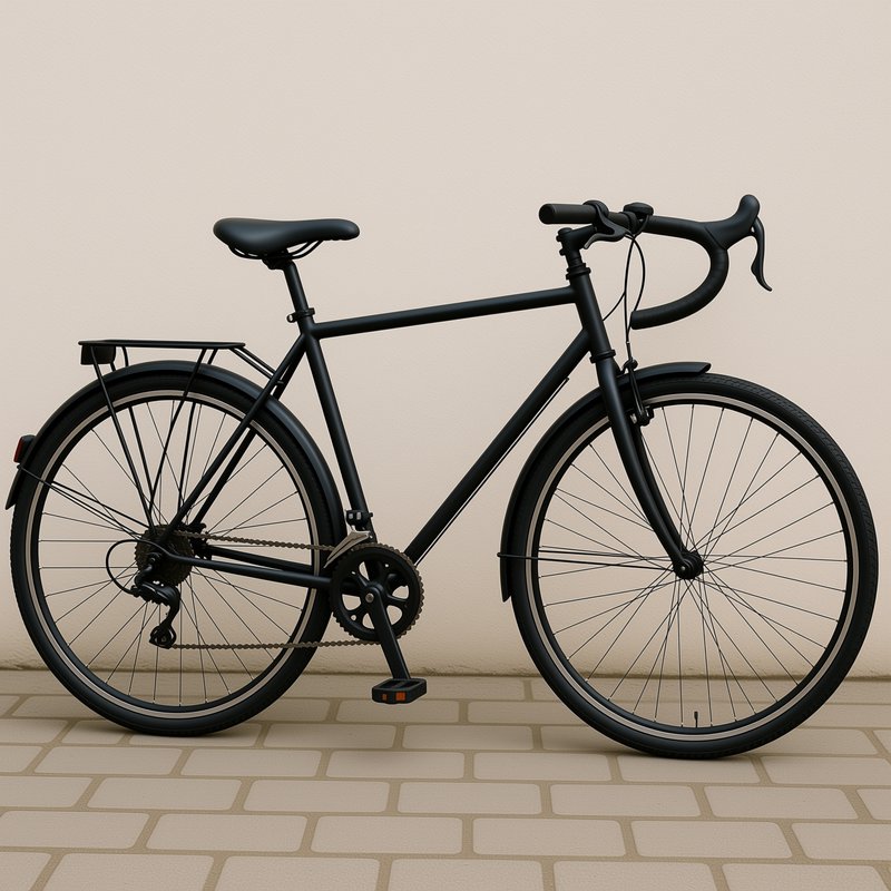 Matte black drop-bar touring bicycle parked against a plain beige wall on light tiled flooring