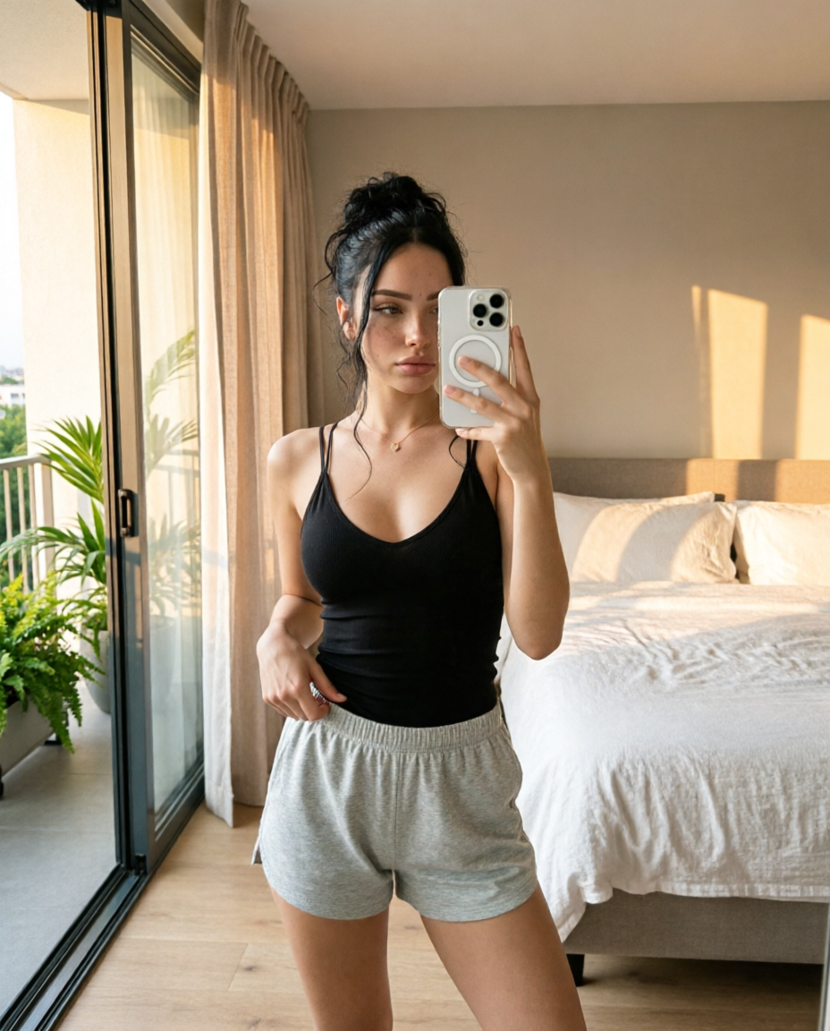 Woman taking a mirror selfie in a sunlit bedroom wearing a black tank top and gray loungewear shorts