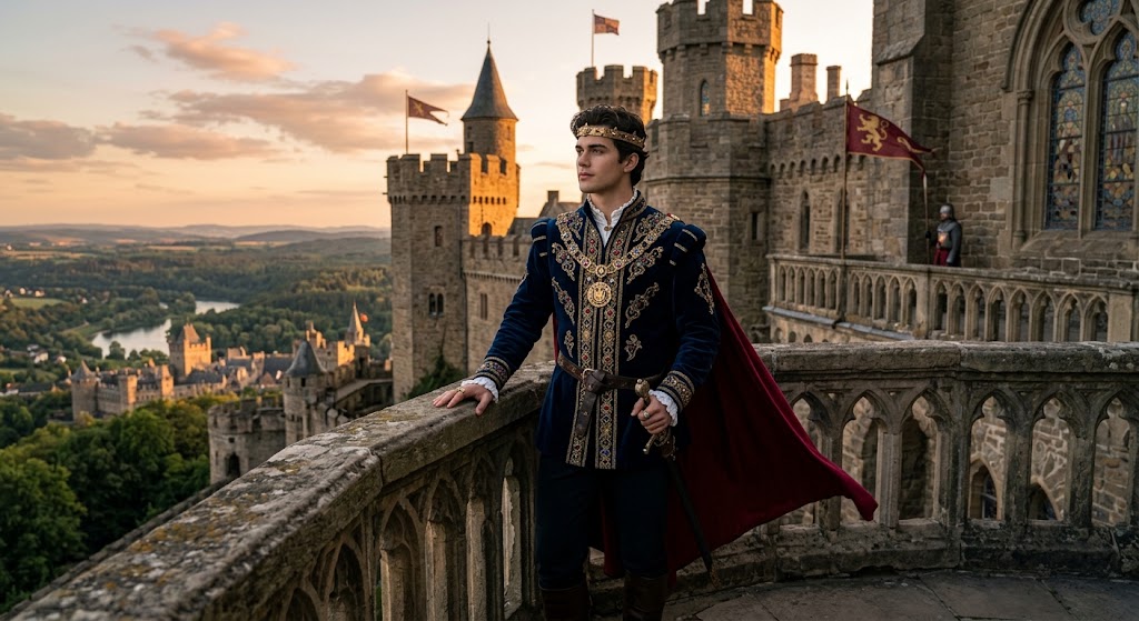 Young medieval prince stands on a stone castle balcony overlooking his kingdom at golden sunset