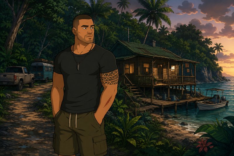 Stoic muscular illustrated man stands before a stilted beach cabin on a tropical jungle shore at ...