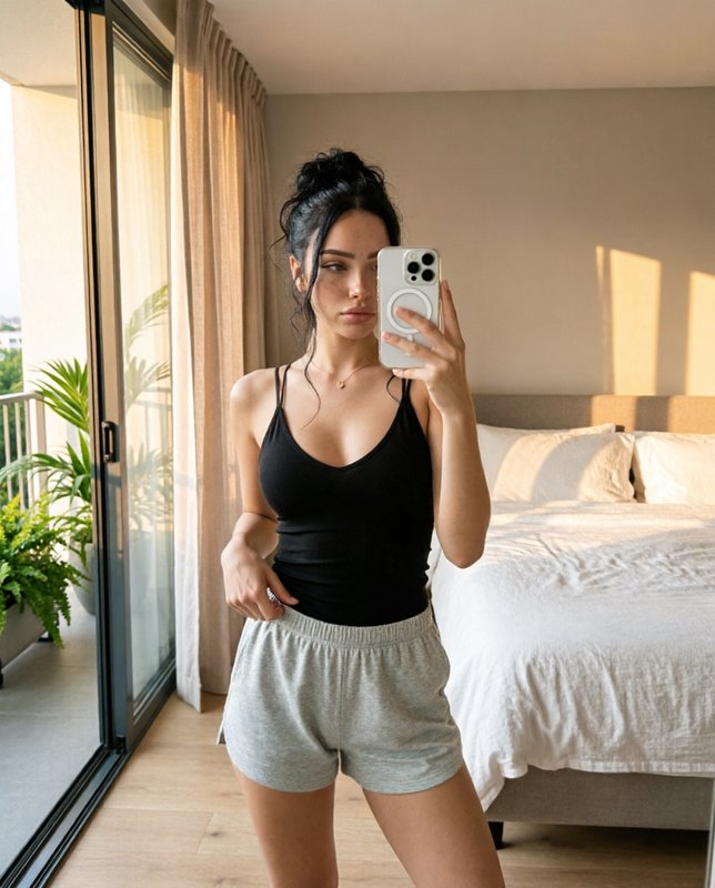 Woman taking a mirror selfie in a sunlit bedroom wearing a black tank top and gray loungewear shorts