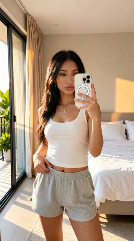 Young woman takes a mirror selfie in casual loungewear in a sunlit modern bedroom