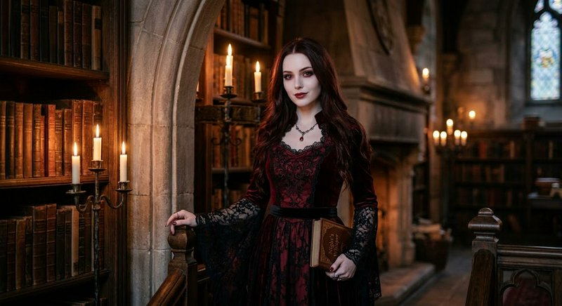 Goth woman in burgundy lace gown holds an antique book standing in a candlelit medieval library