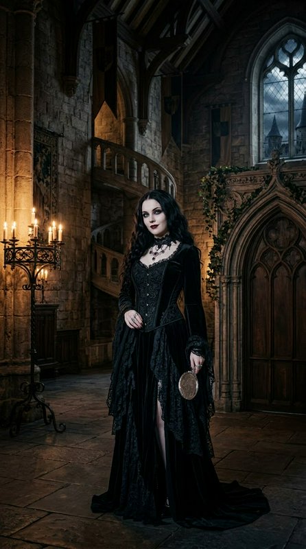 Gothic woman in an ornate black lace gown stands in a candlelit medieval castle great hall
