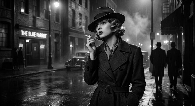 Woman in a fedora and trench coat smokes on a rain-slick 1940s noir city street at night