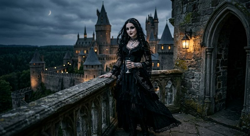 Gothic woman in a black lace gown holds a goblet while standing on a medieval castle balcony at t...