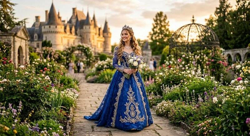 Smiling royal woman in a blue embroidered ballgown and tiara holds a bouquet in a blooming castle...