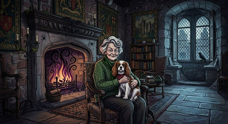 Smiling elderly woman holds a spaniel dog while sitting beside a glowing fireplace in a stone cas...