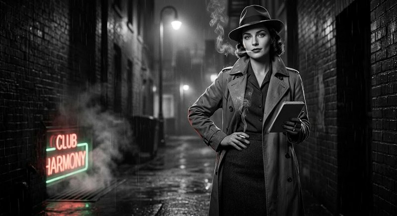 Female noir detective holding a notepad stands in a rainy 1940s alley beside a glowing club neon sign