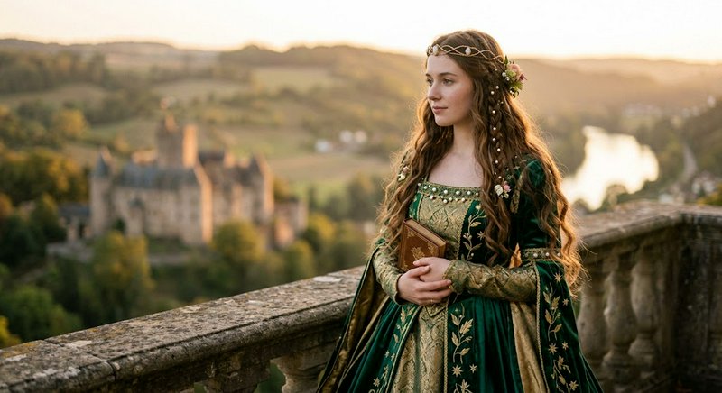 Medieval noblewoman in an embroidered green gown holds a book overlooking a castle valley at golden sunset