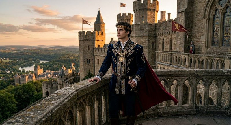 Young medieval prince stands on a stone castle balcony overlooking his kingdom at golden sunset