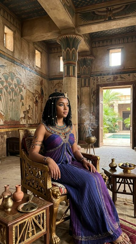 Ancient Egyptian queen in royal regalia sits on a gilded throne inside a decorated palace chamber