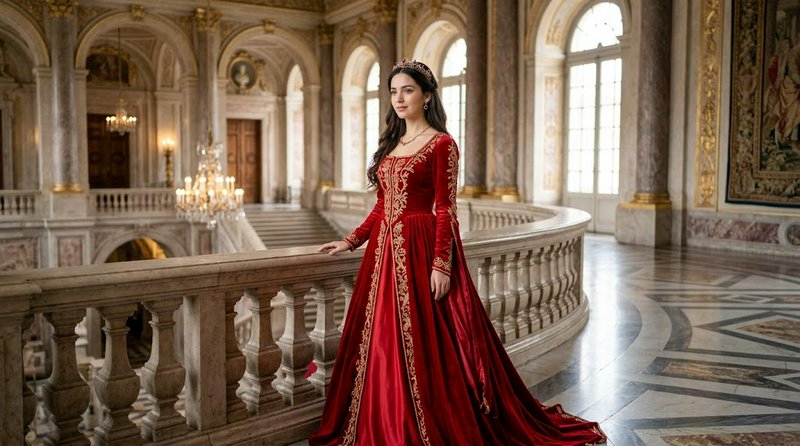 Royal woman in red embroidered gown and tiara standing on a grand palace staircase balcony