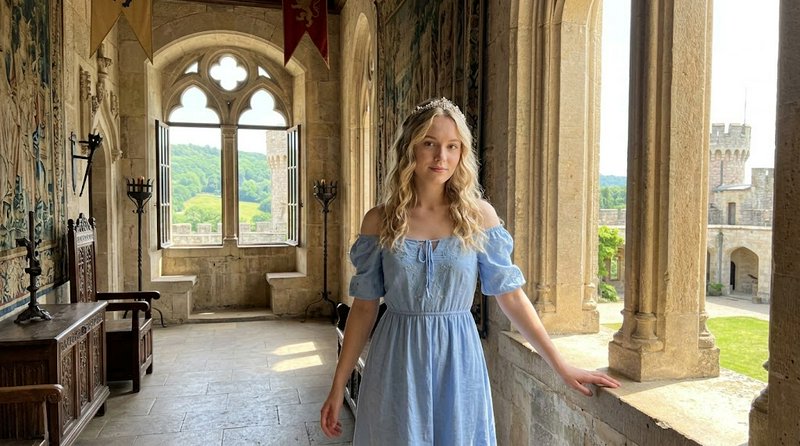 Young blonde woman in a light blue off-shoulder dress and tiara stands in a sunlit medieval castl...