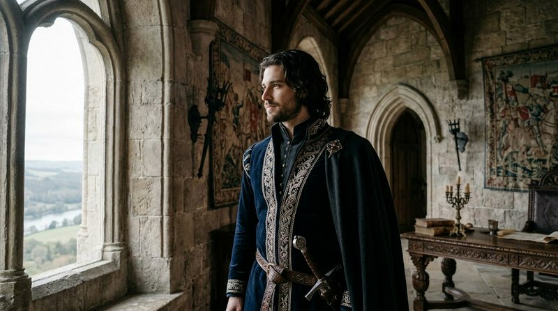 Medieval nobleman in embroidered robes stands looking out from a stone castle window