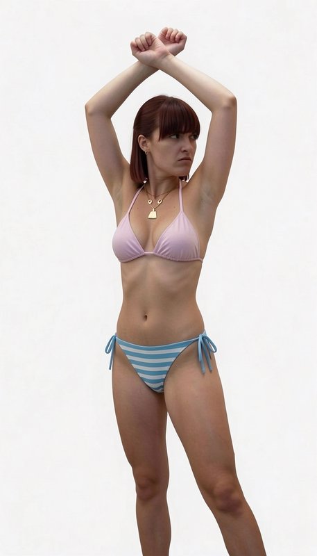 Woman in pink bikini top and blue striped bottoms raises arms over her head against a neutral bac...
