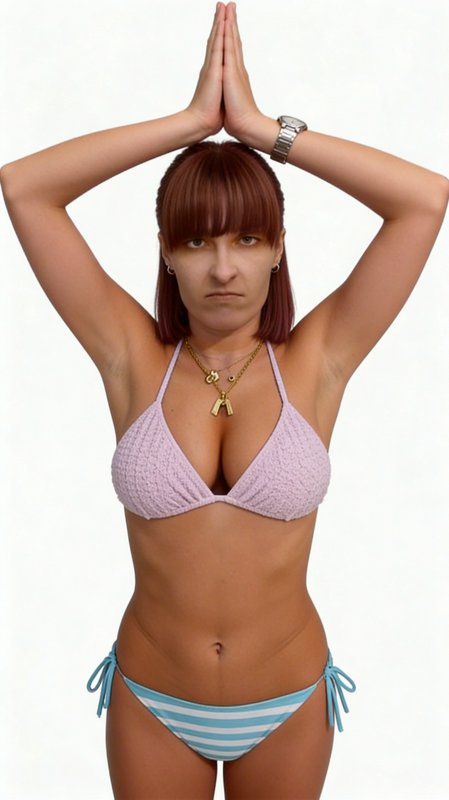 Woman in pink bikini with striped bottoms raises hands in a prayer pose.