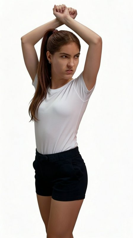 Young woman in a white t-shirt and black shorts poses confidently with arms raised and fists toge...
