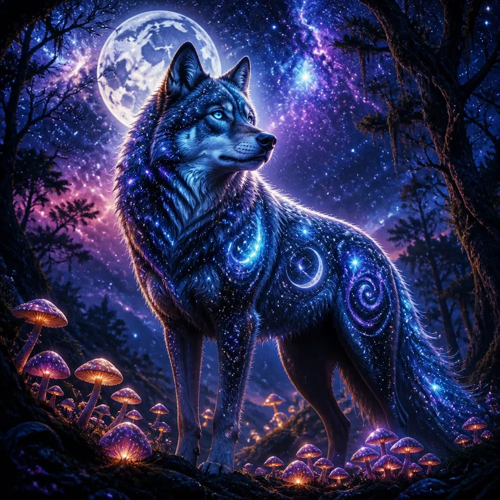 Fantasy blue galaxy wolf standing in a luminescent mushroom forest under a full moon.