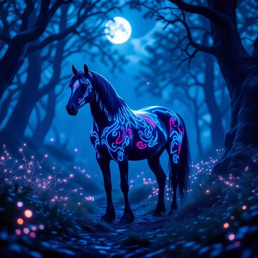 Neon-lit black horse with glowing blue and pink patterns in a moonlit forest