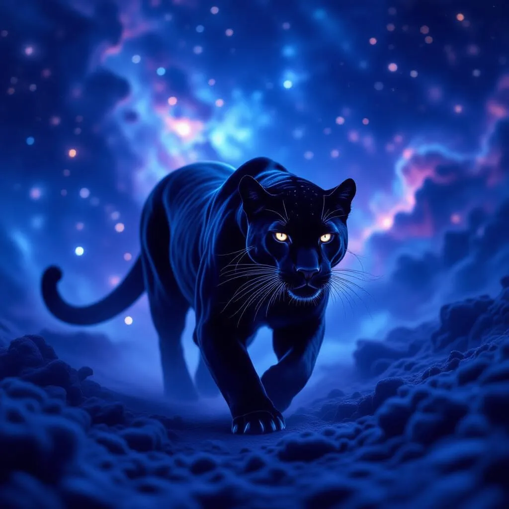 Blue neon panther prowling through a starry, nebula-lit night sky.