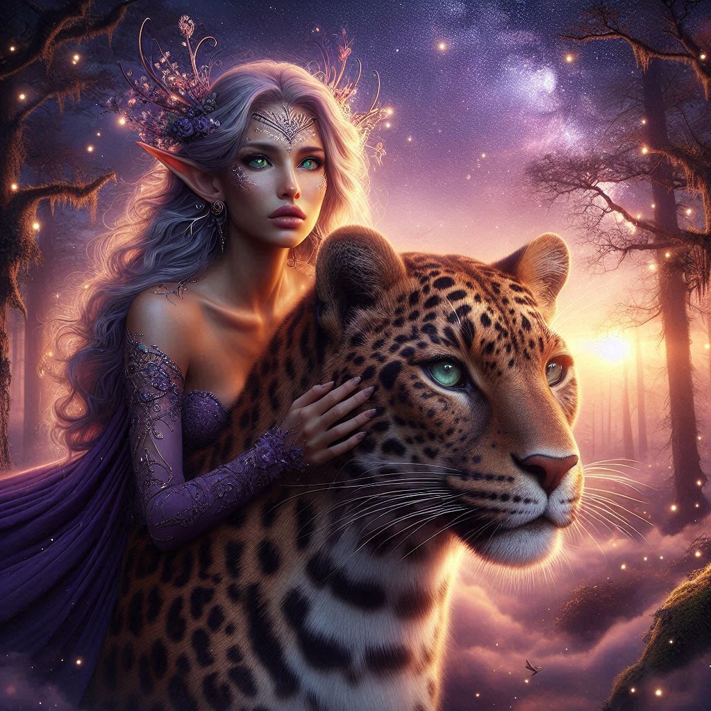 Fantasy elf woman with lavender gown beside a majestic leopard in a magical forest at sunset.